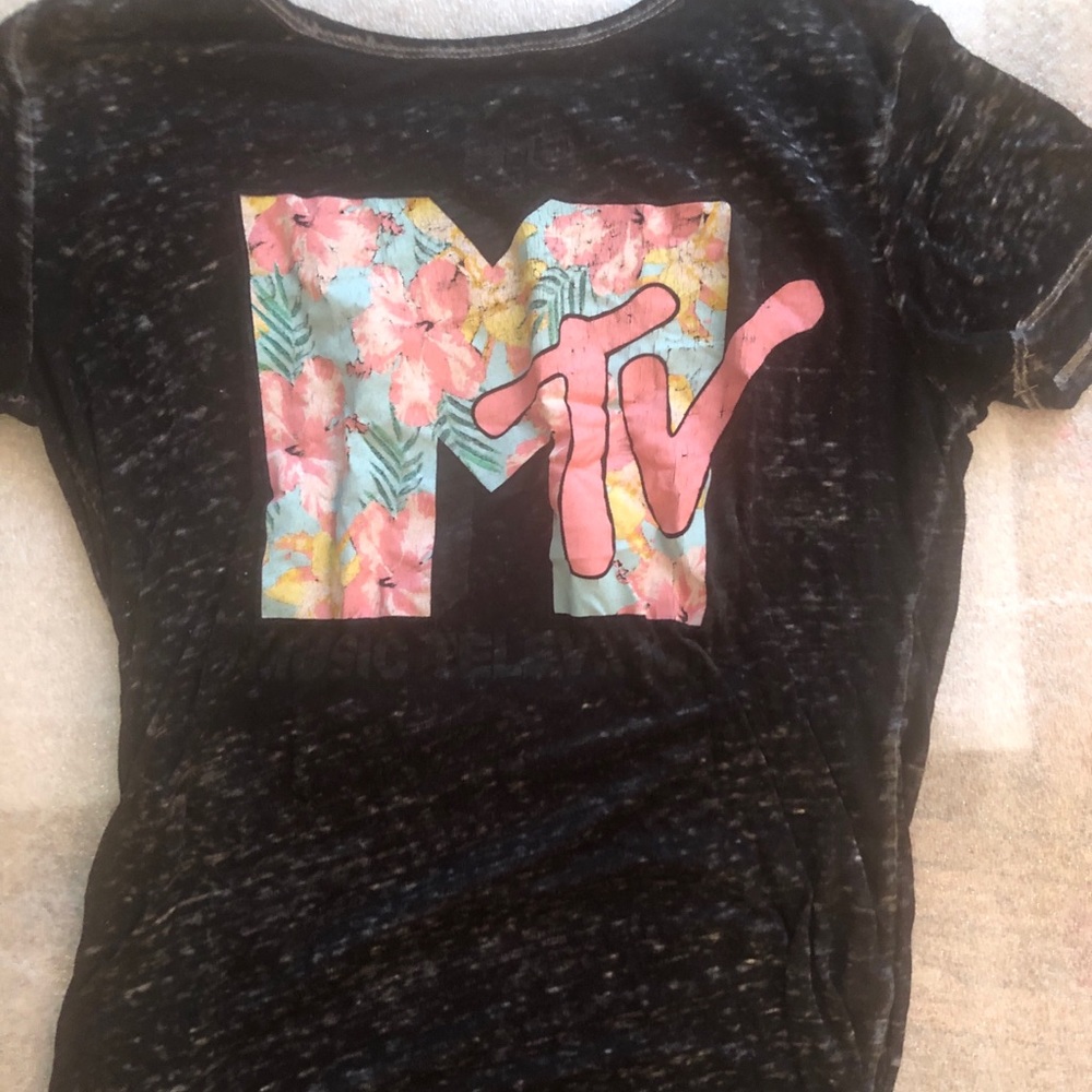 MTV VINTAGE T SHIRT, FLORAL applique,  black sz.Sm